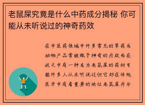 老鼠屎究竟是什么中药成分揭秘 你可能从未听说过的神奇药效
